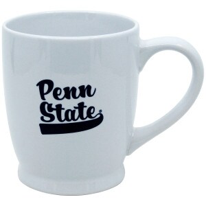 white ceramic mug with navy script Penn State